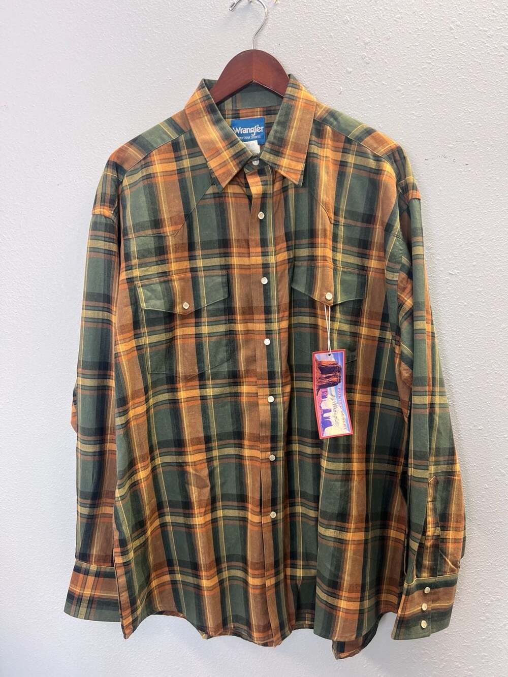 Wrangler Western Shirt Green Yellow Plaid Pearl Snap Long Sleeve